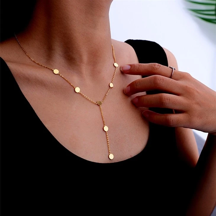 Stainless Steel Gold Disc Y Chain Pendant Necklace high quality Stainless Steel Gold Disc Y Chain Pendant Necklace high quality